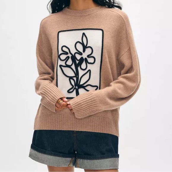 White + Warren || Cashmere Floral Applique Crewneck || Camel || S || NWT - Picture 2 of 4